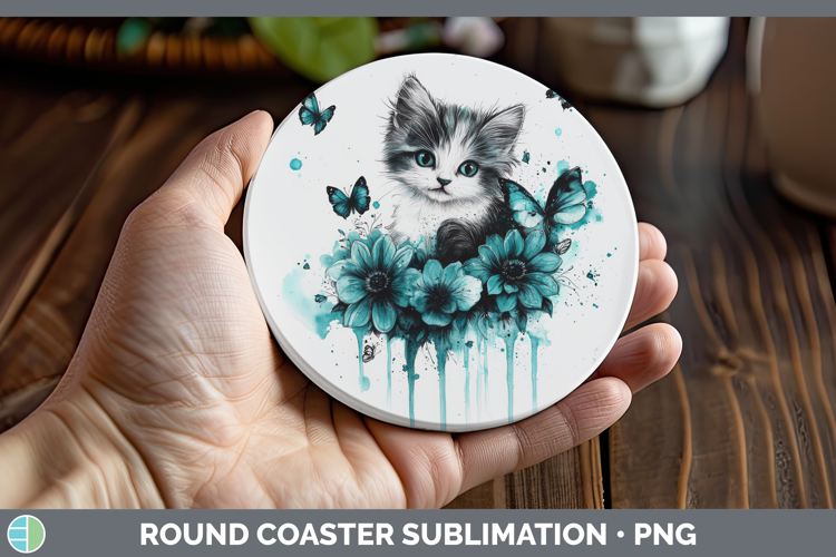 Kitten Round Coaster Animals Teal Drips Sublimation Coaster