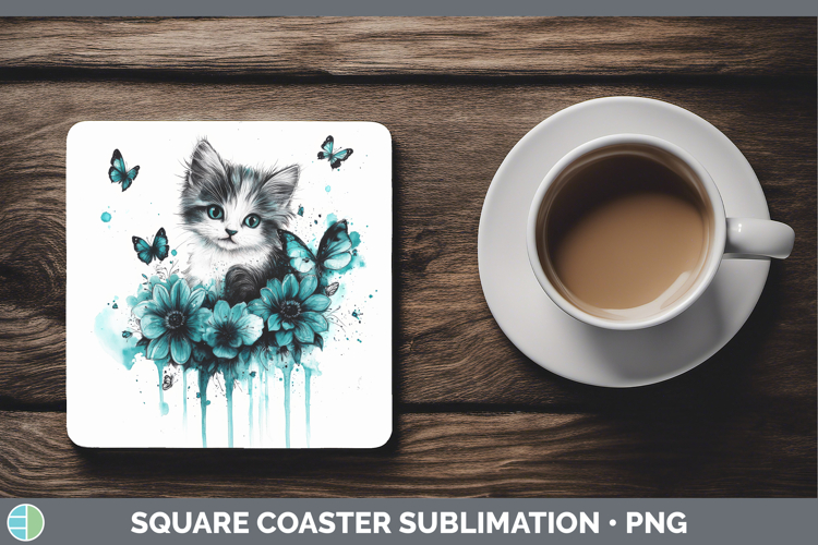 Kitten Square Coaster Animals Teal Drips Sublimation Coaster