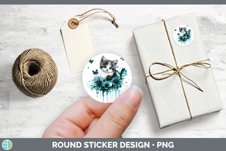 Animals Teal Drips Kitten Stickers | Round Labels Designs