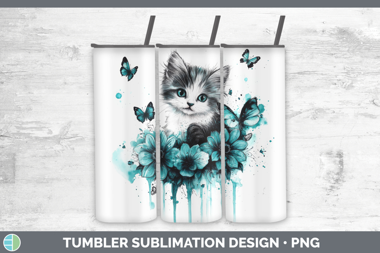 Kitten Tumbler Animals Teal Drips Sublimation 20 oz Skinny T