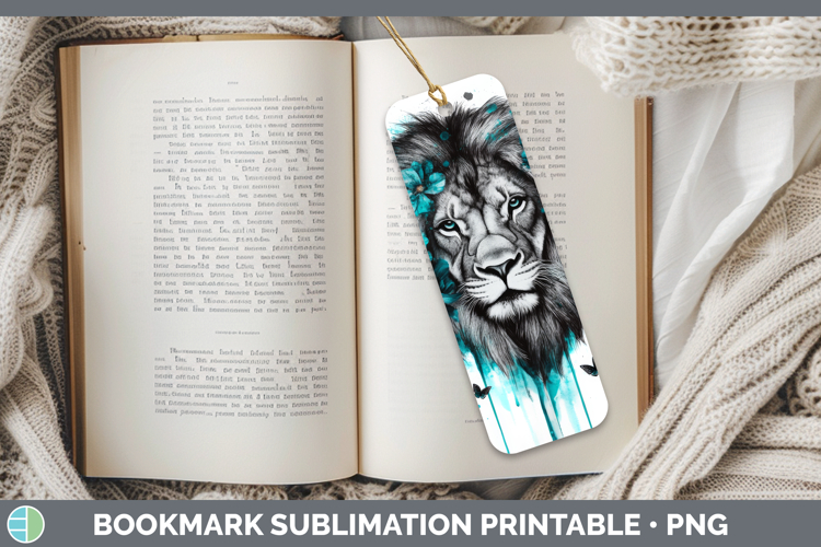 Lion Bookmark Animals Teal Drips Sublimation Printable Desig