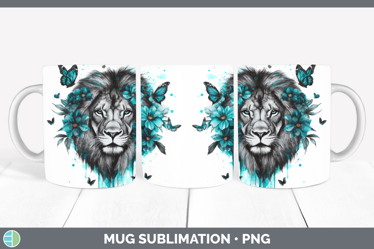Lion Mug Wrap Animals Teal Drips Sublimation Coffee Cup Desi