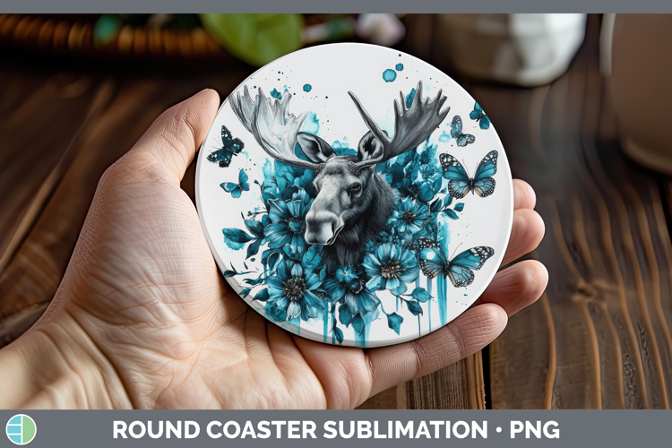 Moose Round Coaster Animals Teal Drips Sublimation Coaster D