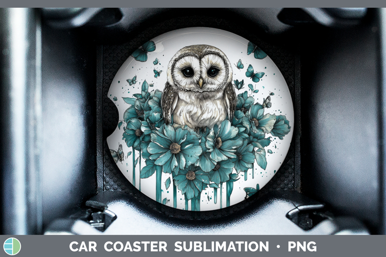 Owl Car Coaster Animals Teal Drips Sublimation Designs