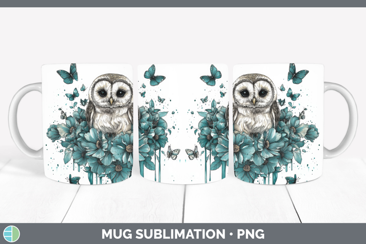 Owl Mug Wrap Animals Teal Drips Sublimation Coffee Cup Desig