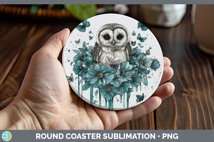 Owl Round Coaster Animals Teal Drips Sublimation Coaster Des