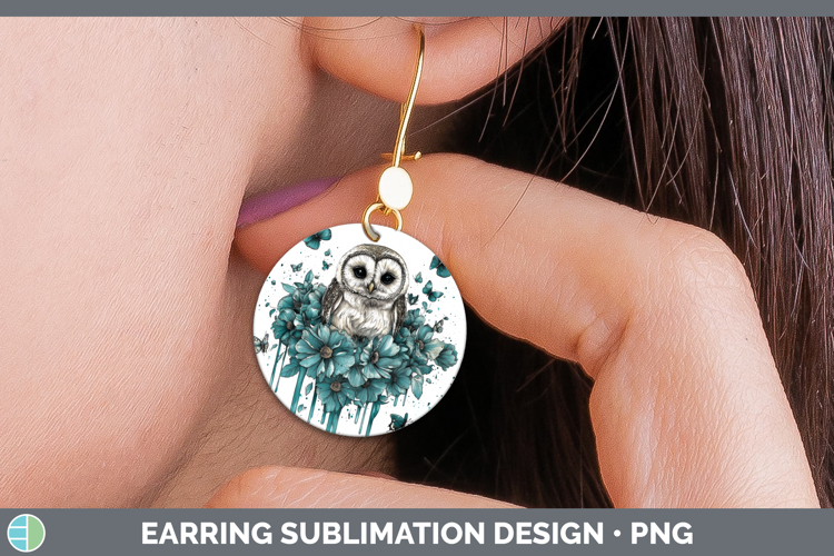 Owl Round Earrings Animals Teal Drips Sublimation Earrings D