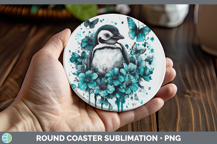 Penguin Round Coaster Animals Teal Drips Sublimation Coaster