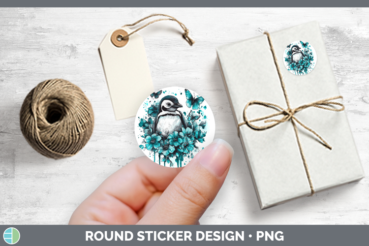 Animals Teal Drips Penguin Stickers | Round Labels Designs