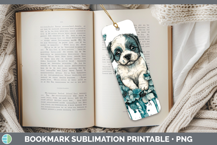 Puppy Bookmark Animals Teal Drips Sublimation Printable Desi