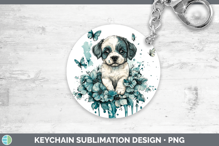 Puppy Keychain Animals Teal Drips Sublimation Keyring Design