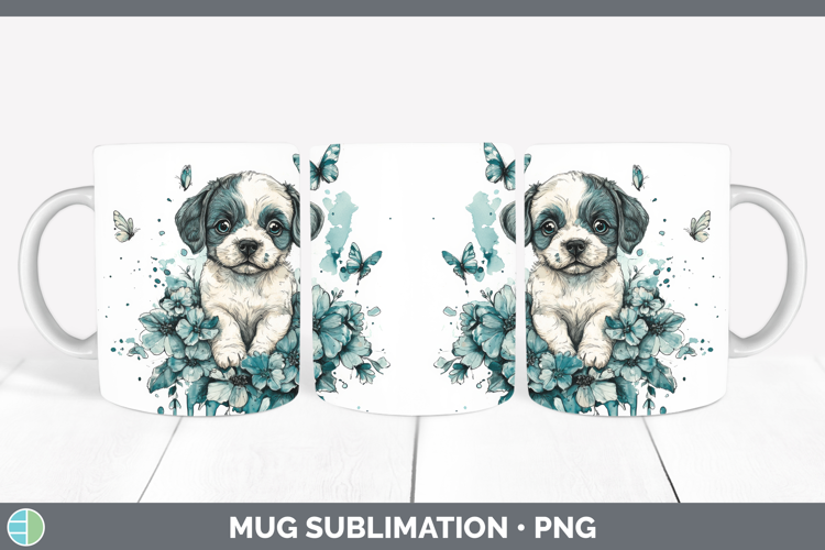 Puppy Mug Wrap Animals Teal Drips Sublimation Coffee Cup Des