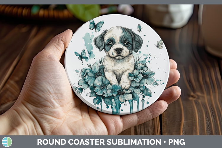 Puppy Round Coaster Animals Teal Drips Sublimation Coaster D
