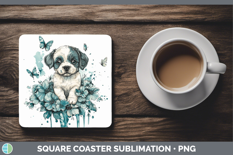 Puppy Square Coaster Animals Teal Drips Sublimation Coaster