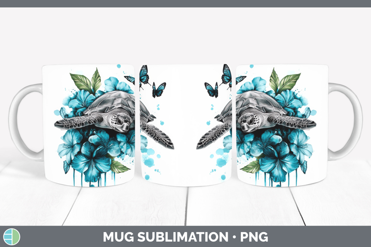 Sea Turtle Mug Wrap Animals Teal Drips Sublimation Coffee Cu