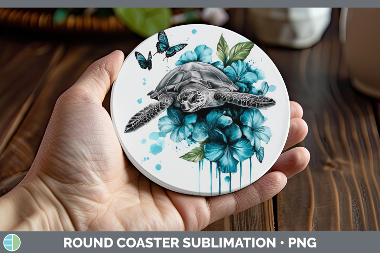 Sea Turtle Round Coaster Animals Teal Drips Sublimation Coas