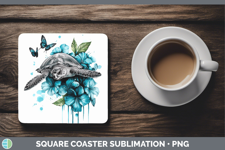 Sea Turtle Square Coaster Animals Teal Drips Sublimation Coa