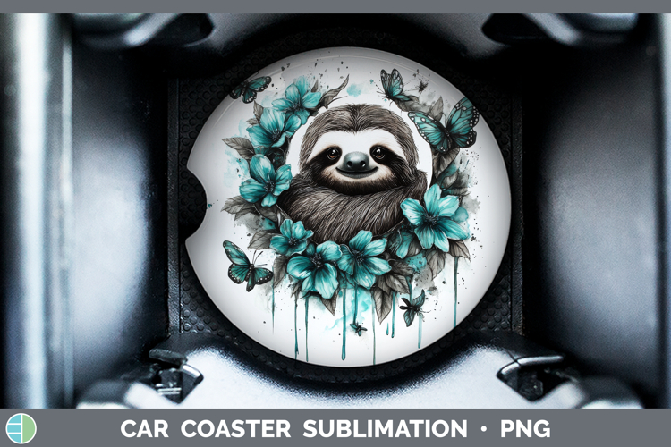 Sloth Car Coaster Animals Teal Drips Sublimation Designs