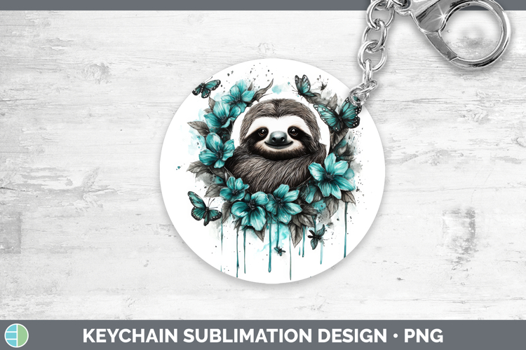 Sloth Keychain Animals Teal Drips Sublimation Keyring Design