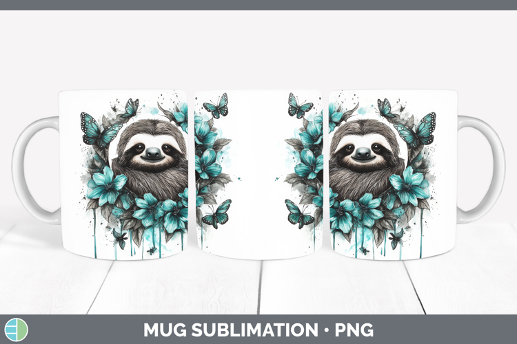 Sloth Mug Wrap Animals Teal Drips Sublimation Coffee Cup Des