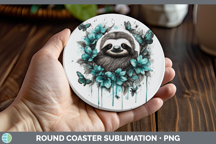 Sloth Round Coaster Animals Teal Drips Sublimation Coaster D