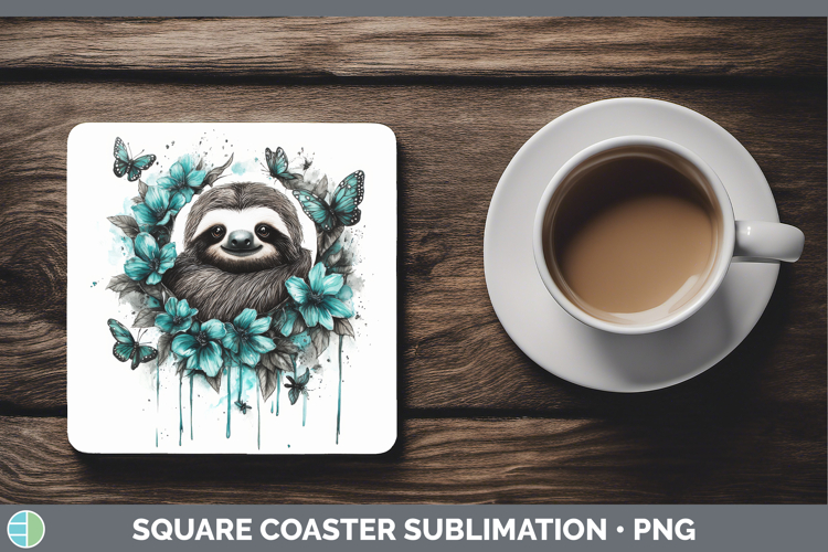 Sloth Square Coaster Animals Teal Drips Sublimation Coaster