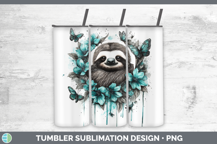 Sloth Tumbler Animals Teal Drips Sublimation 20 oz Skinny Tu