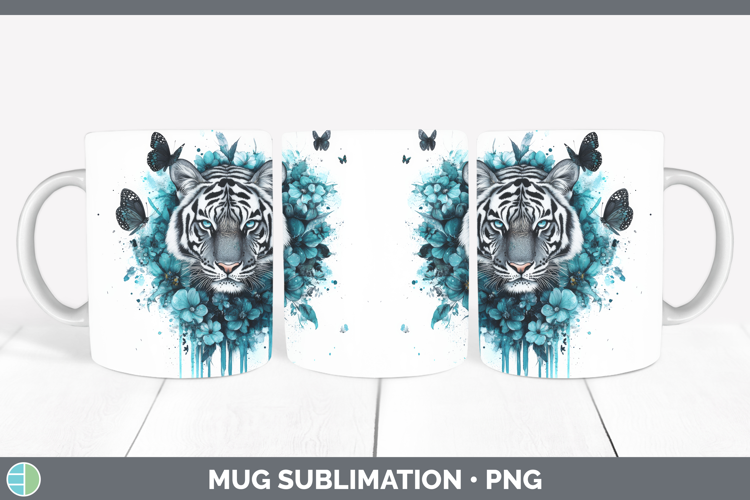 Tiger Mug Wrap Animals Teal Drips Sublimation Coffee Cup Des