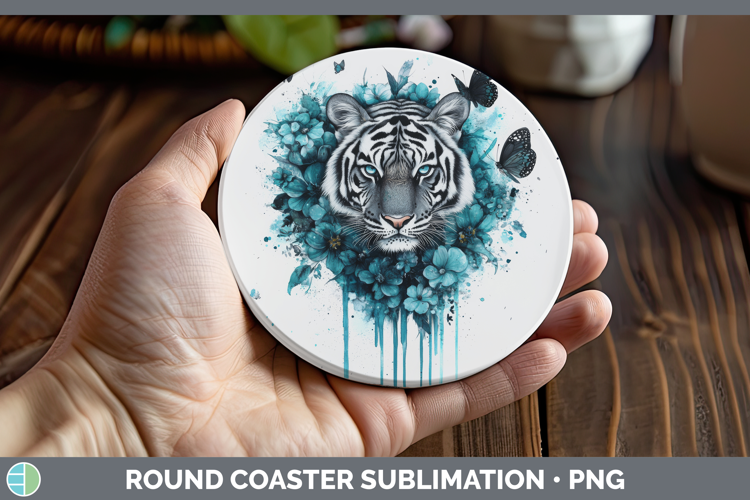 Tiger Round Coaster Animals Teal Drips Sublimation Coaster D