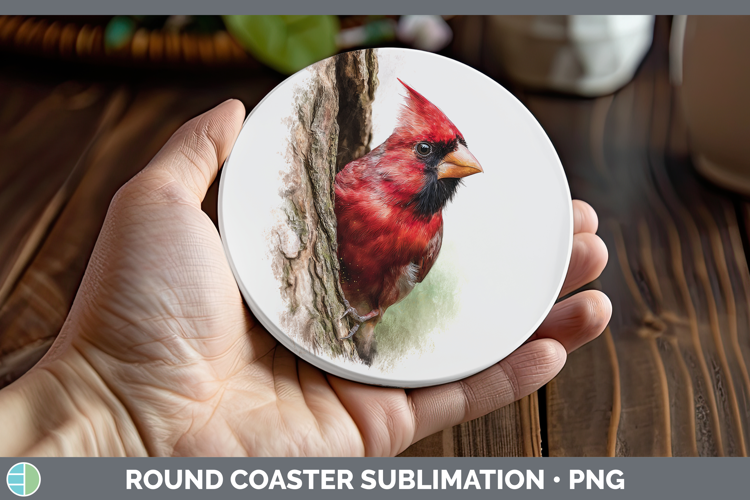 Cardinal Animals Tree Peek Round Coaster Sublimation Design