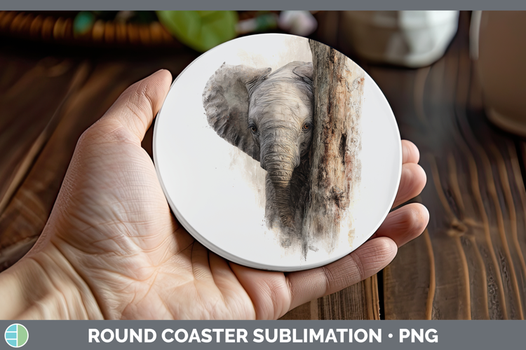 Elephant Animals Tree Peek Round Coaster Sublimation Design