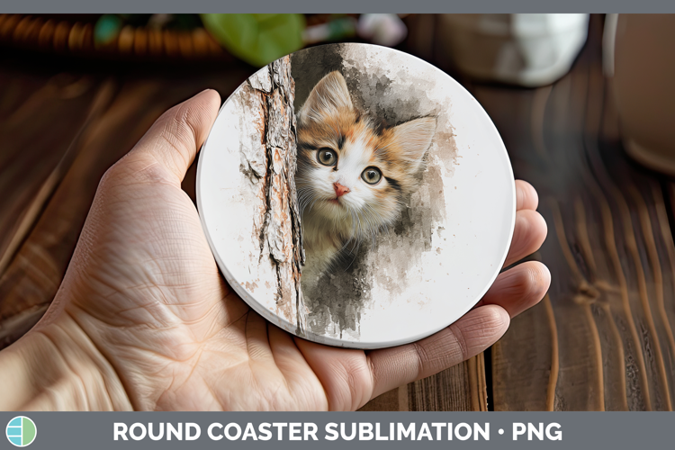 Kitten Animals Tree Peek Round Coaster Sublimation Design