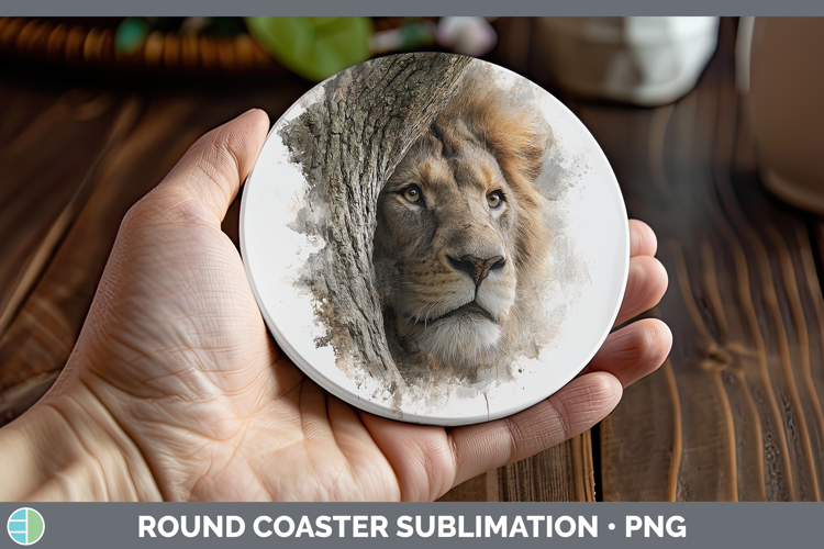 Lion Animals Tree Peek Round Coaster Sublimation Design