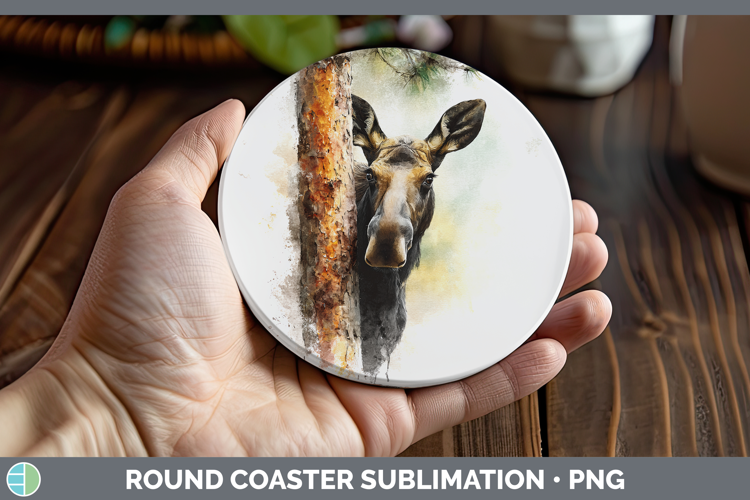 Moose Animals Tree Peek Round Coaster Sublimation Design