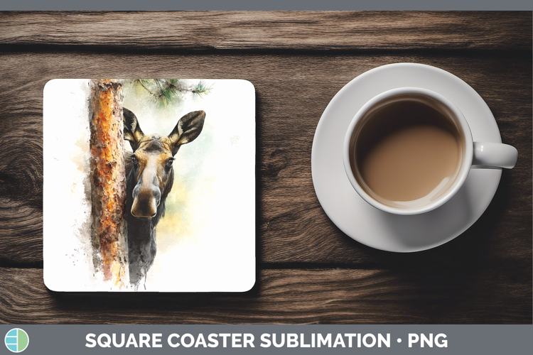 Moose Animals Tree Peek Square Coaster Sublimation Design
