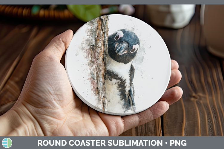 Penguin Animals Tree Peek Round Coaster Sublimation Design