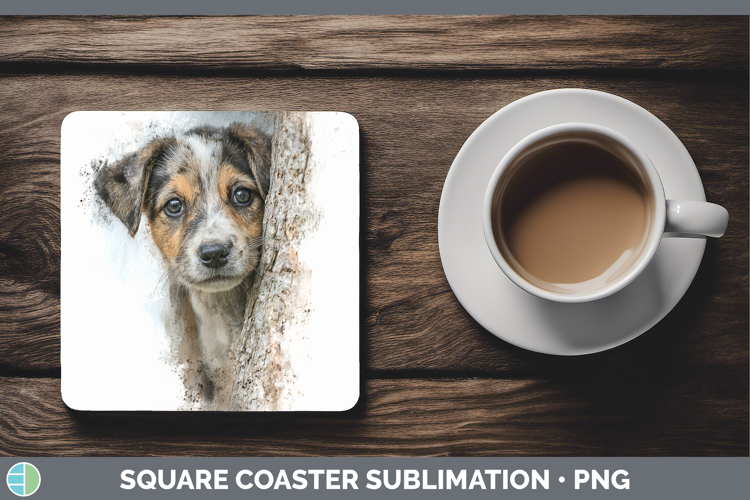 Puppy Animals Tree Peek Square Coaster Sublimation Design