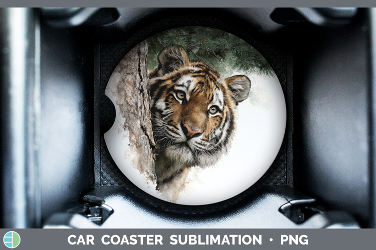 Tiger Animals Tree Peek Car Coaster Sublimation Design