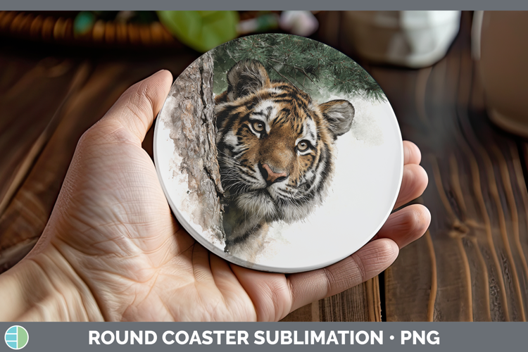 Tiger Animals Tree Peek Round Coaster Sublimation Design