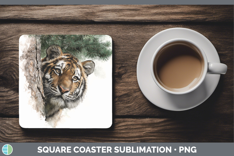 Tiger Animals Tree Peek Square Coaster Sublimation Design
