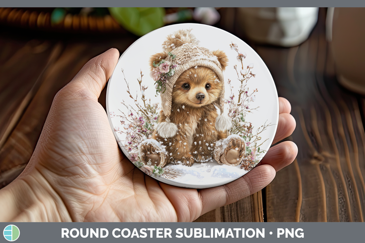 Bear Animals Winter Knit Hat Round Coaster Sublimation Desig