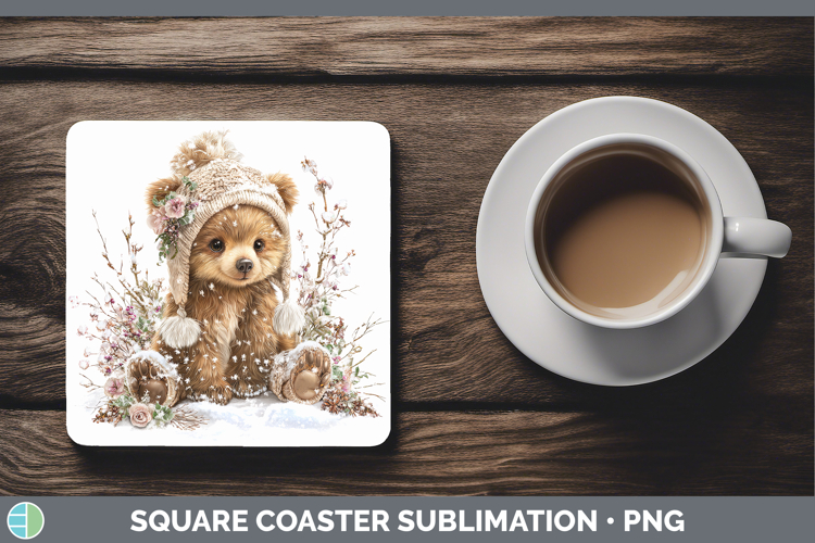 Bear Animals Winter Knit Hat Square Coaster Sublimation Desi