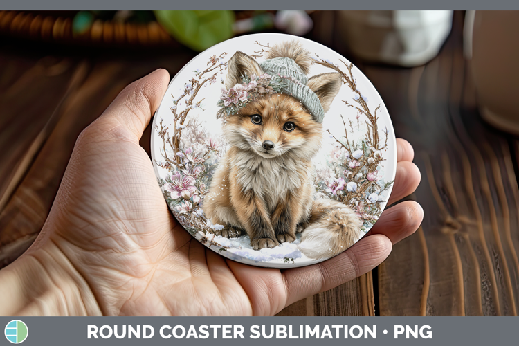 Fox Animals Winter Knit Hat Round Coaster Sublimation Design