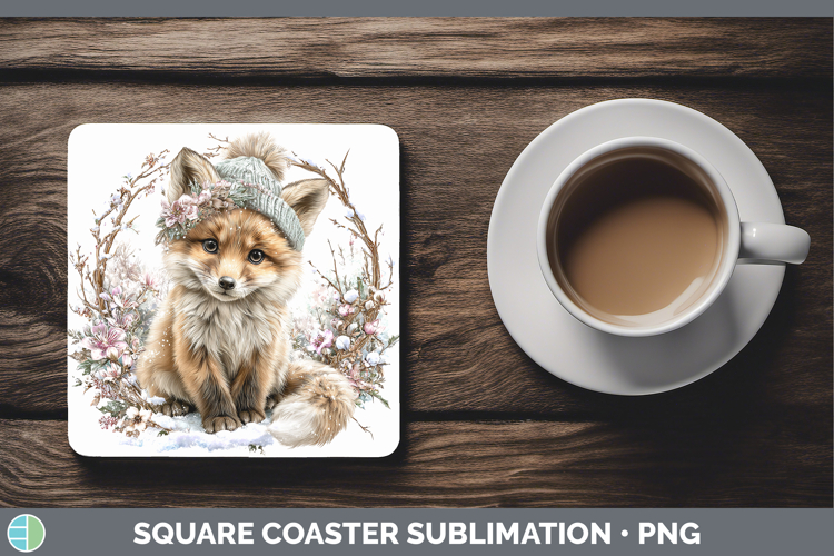 Fox Animals Winter Knit Hat Square Coaster Sublimation Desig
