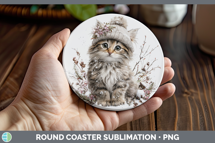 Kitten Animals Winter Knit Hat Round Coaster Sublimation Des