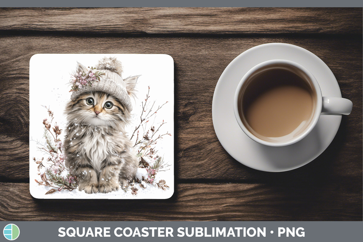 Kitten Animals Winter Knit Hat Square Coaster Sublimation De