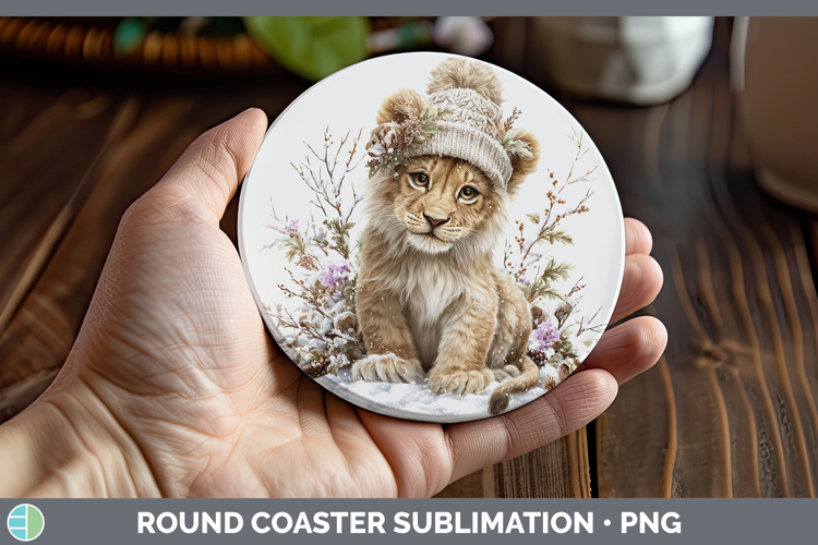 Lion Animals Winter Knit Hat Round Coaster Sublimation Desig