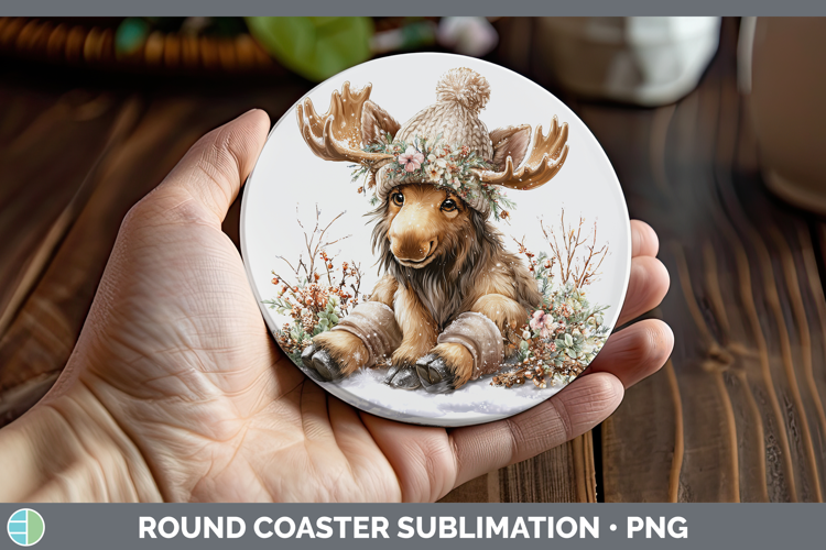 Moose Animals Winter Knit Hat Round Coaster Sublimation Desi