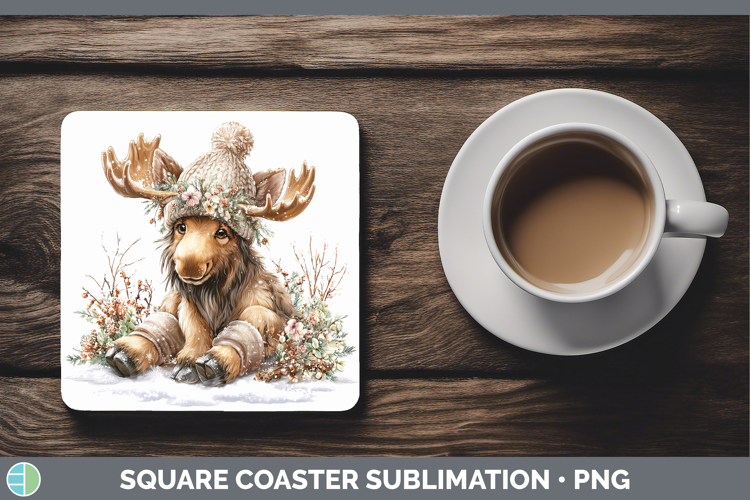 Moose Animals Winter Knit Hat Square Coaster Sublimation Des