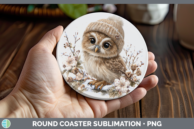 Owl Animals Winter Knit Hat Round Coaster Sublimation Design